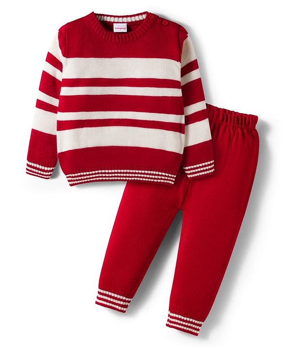 Babyhug Knit Full Sleeves Sweater Set With Stripes - Red