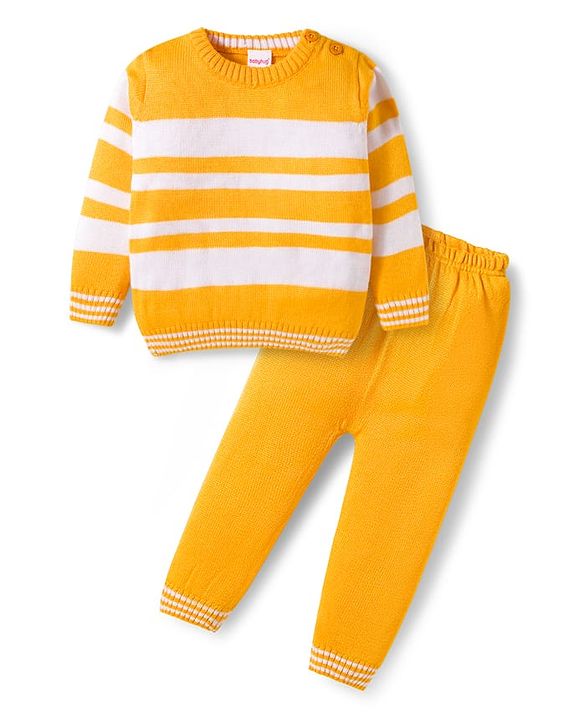 Babyhug Knitted Full Sleeves Striped Sweater Set - Yellow
