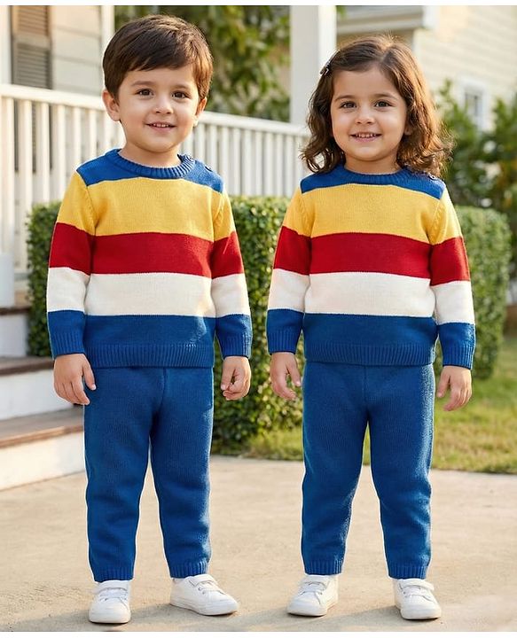 Babyhug Knitted Full Sleeves Sweater Set With Color Block Design - Multicolor