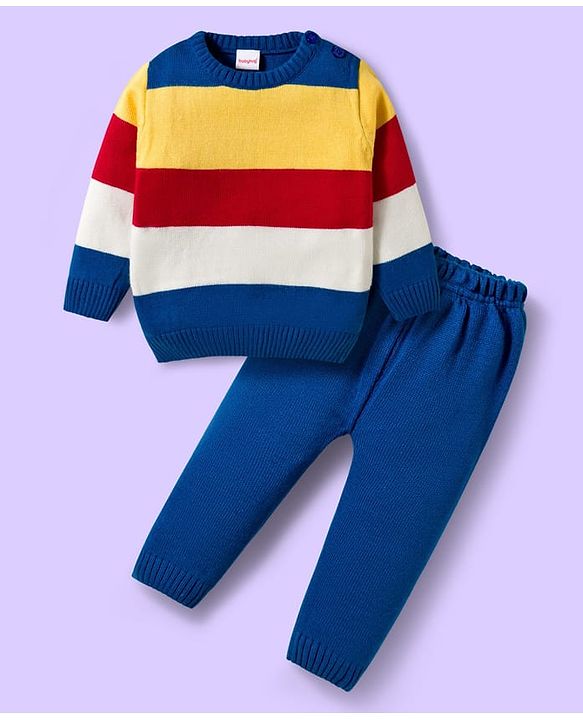 Babyhug Knitted Full Sleeves Sweater Set With Color Block Design - Multicolor