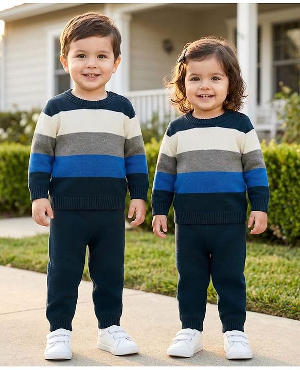 Babyhug Knit Full Sleeves Sweater Sets With Stripe Design - Navy Blue & Grey