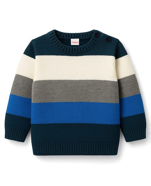 Babyhug Knit Full Sleeves Sweater Sets With Stripe Design - Navy Blue & Grey