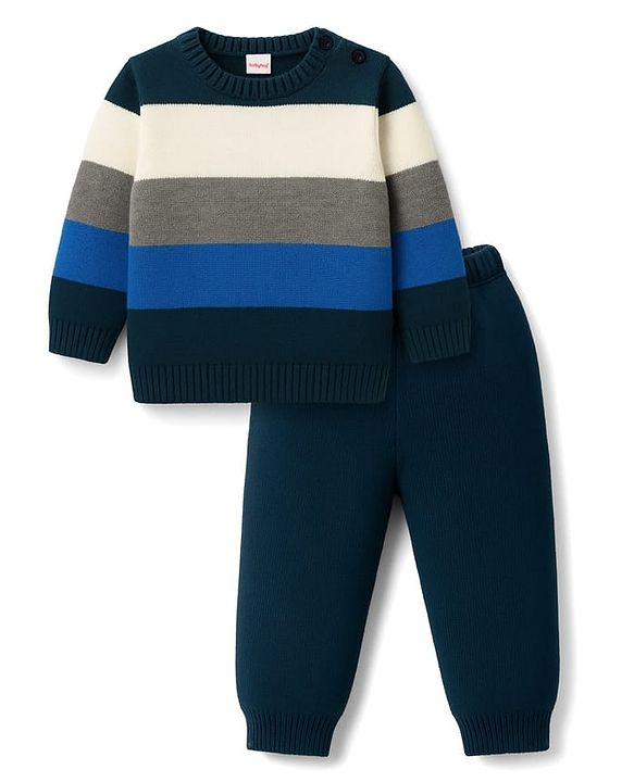 Babyhug Knit Full Sleeves Sweater Sets With Stripe Design - Navy Blue & Grey