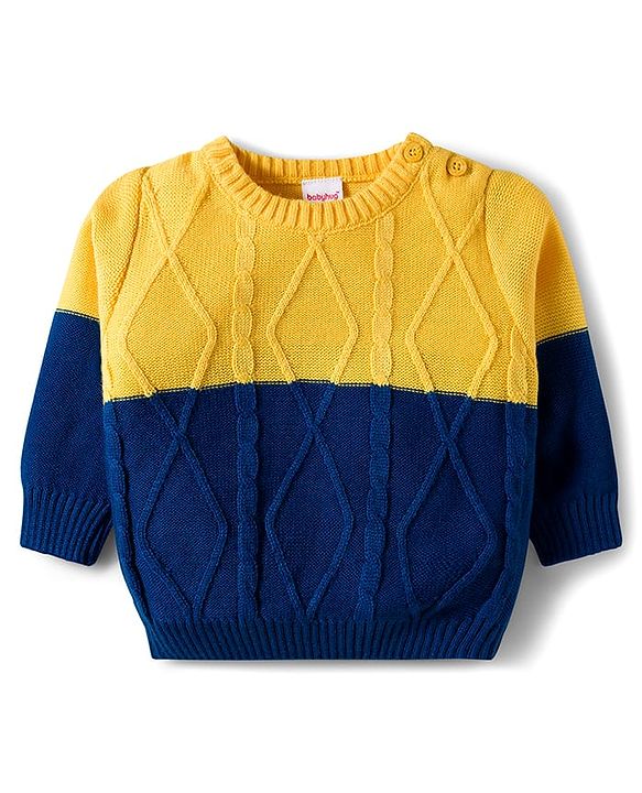 Babyhug Cotton Knit Full Sleeves Color Block Sweater Set - Yellow & Navy Blue