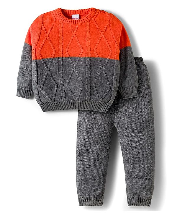 Babyhug Cotton Knit Full Sleeves Color Block Sweater Set - Orange & Grey