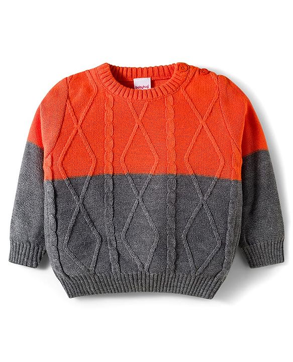 Babyhug Cotton Knit Full Sleeves Color Block Sweater Set - Orange & Grey