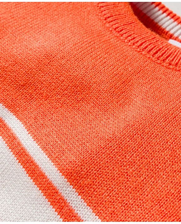 Babyhug Cotton Knit Full Sleeves Sweater Set With Stripes - Orange & White