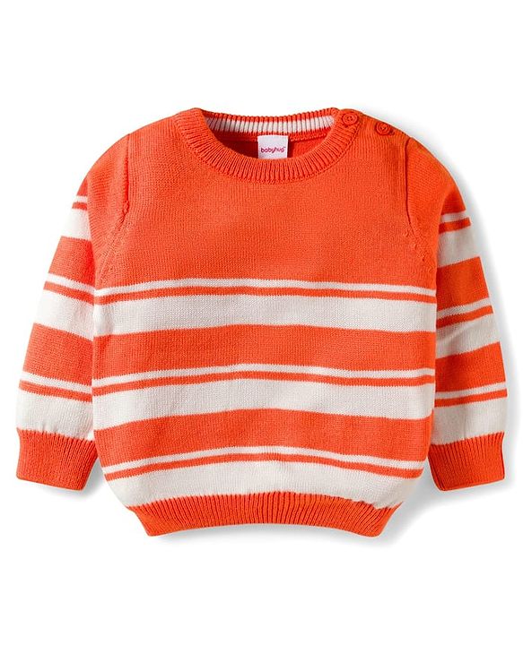 Babyhug Cotton Knit Full Sleeves Sweater Set With Stripes - Orange & White