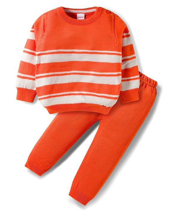 Babyhug Cotton Knit Full Sleeves Sweater Set With Stripes - Orange & White
