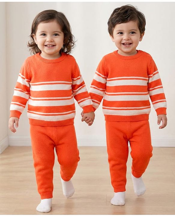 Babyhug Cotton Knit Full Sleeves Sweater Set With Stripes - Orange & White