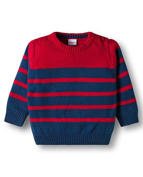 Babyhug Knit Full Sleeves Sweater Sets With Stripe Design - Navy Blue & Red