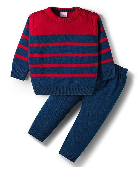 Babyhug Knit Full Sleeves Sweater Sets With Stripe Design - Navy Blue & Red
