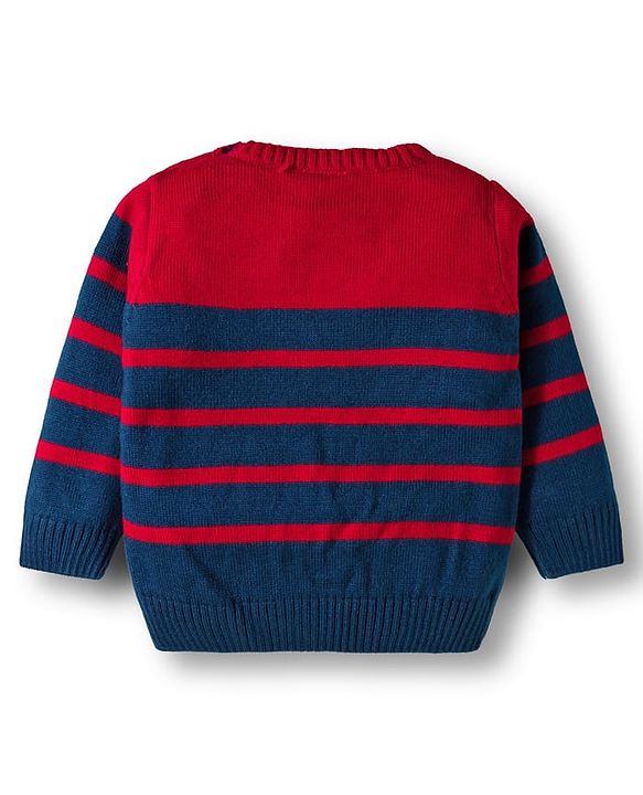 Babyhug Knit Full Sleeves Sweater Sets With Stripe Design - Navy Blue & Red