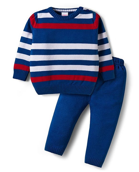 Babyhug Knit Full Sleeves Sweater Set with Stripe Design - Navy Blue