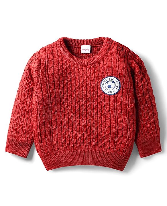 Babyhug Knit Full Sleeves Pullover Sweater with Cable Knit Design & Patch Detailing - Rust Orange