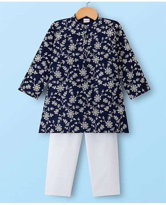 Babyhug Woven Full Sleeves Kurta Pajama Set With Floral Embroidery - Navy Blue