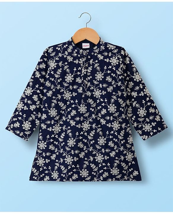 Babyhug Woven Full Sleeves Kurta Pajama Set With Floral Embroidery - Navy Blue