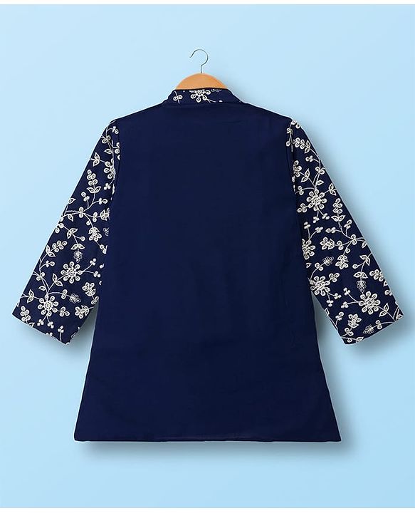 Babyhug Woven Full Sleeves Kurta Pajama Set With Floral Embroidery - Navy Blue