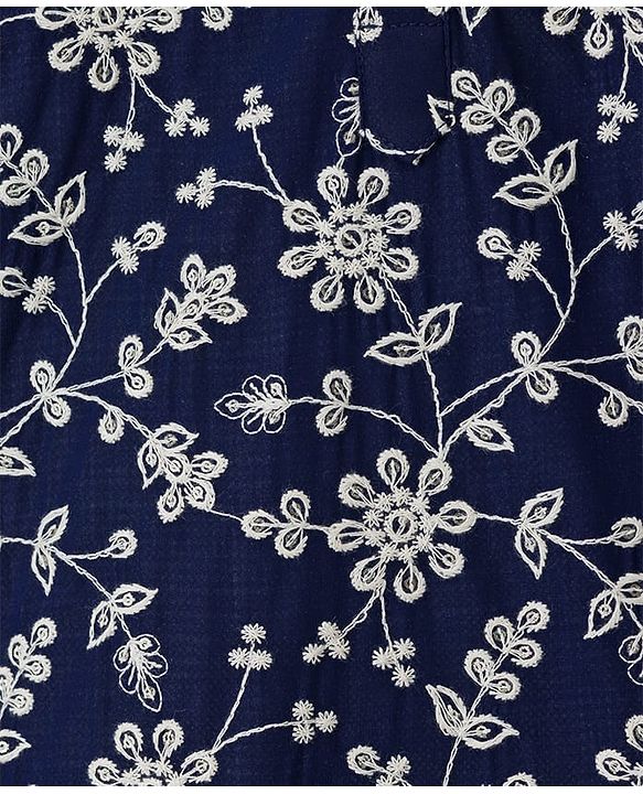 Babyhug Woven Full Sleeves Kurta Pajama Set With Floral Embroidery - Navy Blue