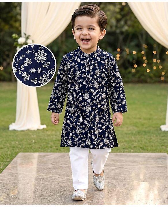 Babyhug Woven Full Sleeves Kurta Pajama Set With Floral Embroidery - Navy Blue