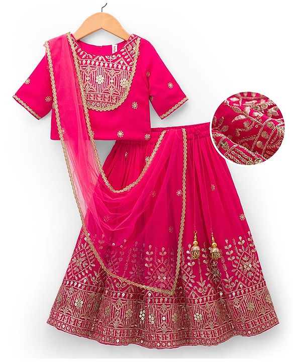 Babyhug Woven Half Sleeves Choli Lehenga Set with Dupatta Embroidery & Sequin Detailing - Dark Pink