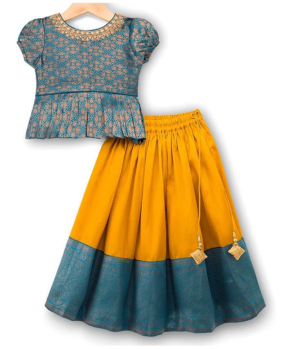 Babyhug Brocade Woven Half Sleeves Pattu Pavada Choli Lehenga Set With Floral Print - Yellow