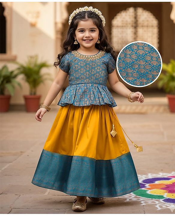 Babyhug Brocade Woven Half Sleeves Pattu Pavada Choli Lehenga Set With Floral Print - Yellow