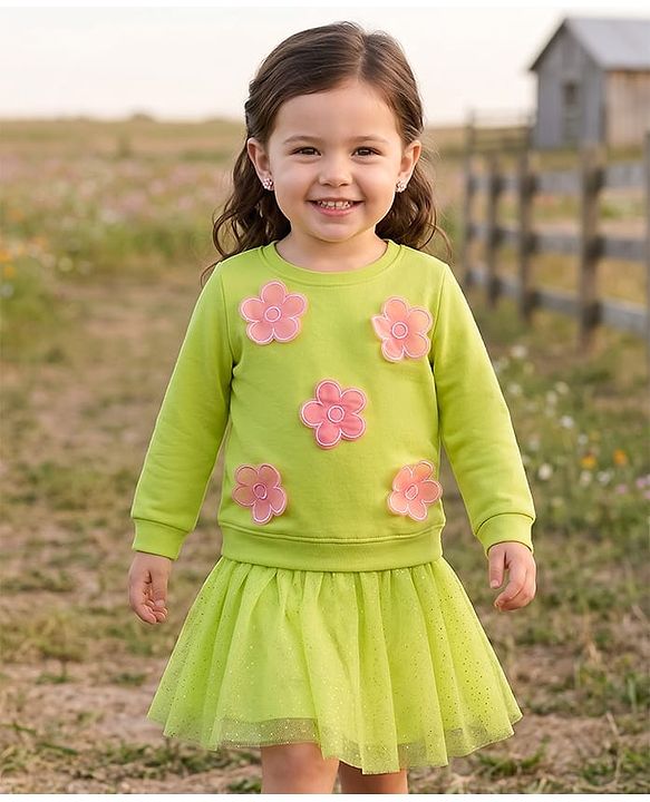 Babyhug Terry Knit Full Sleeves Top & Skirt Set with Floral Applique - Limegreen