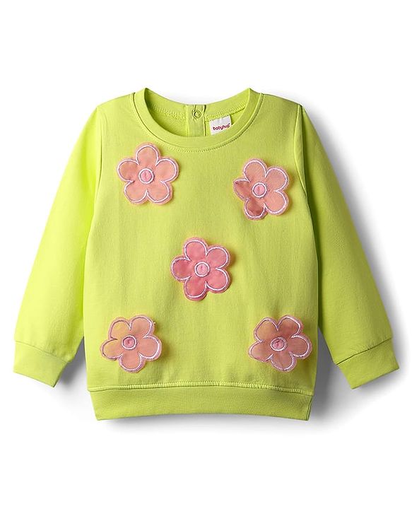 Babyhug Terry Knit Full Sleeves Top & Skirt Set with Floral Applique - Limegreen