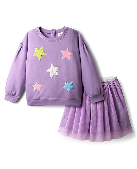 Babyhug Terry Knit Full Sleeves Tops and Skirt Set with Star Print - Purple