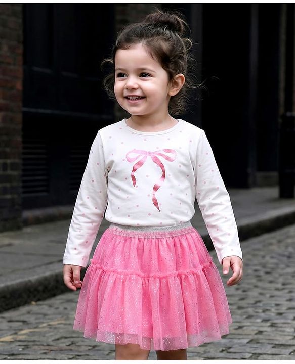 Babyhug Single Jersey Knit Full Sleeves Top and Mesh Skirt With Polka Dot & Bow Print - White & Pink