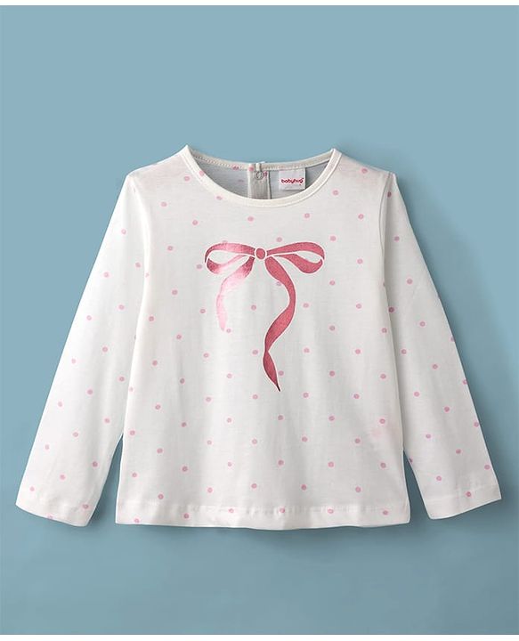 Babyhug Single Jersey Knit Full Sleeves Top and Mesh Skirt With Polka Dot & Bow Print - White & Pink