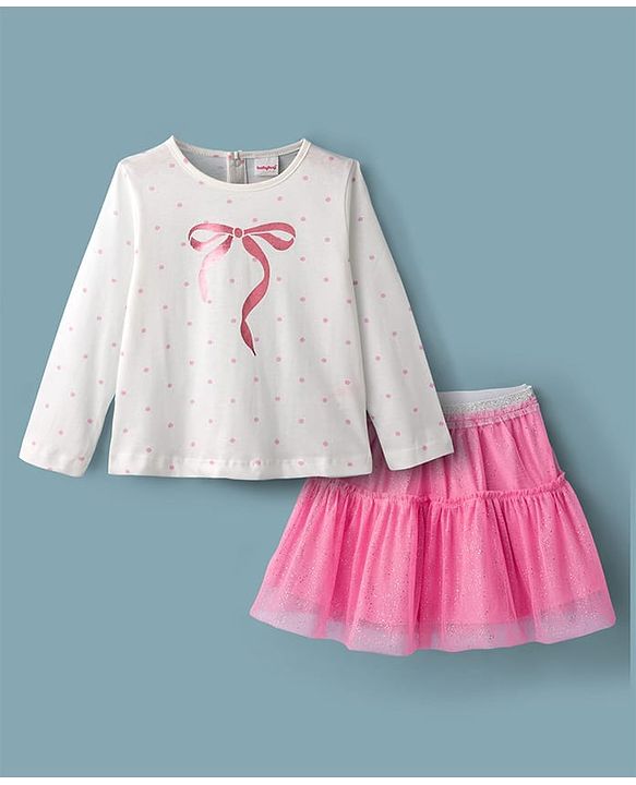 Babyhug Single Jersey Knit Full Sleeves Top and Mesh Skirt With Polka Dot & Bow Print - White & Pink