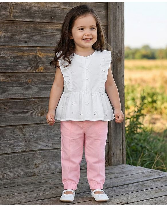 Babyhug Knit Schiffli Sleeveless Top and Terry Lounge Pant Set with Front Buttons & Frill Detailing - Pink & White