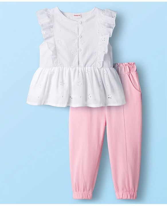 Babyhug Knit Schiffli Sleeveless Top and Terry Lounge Pant Set with Front Buttons & Frill Detailing - Pink & White