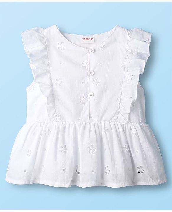 Babyhug Knit Schiffli Sleeveless Top and Terry Lounge Pant Set with Front Buttons & Frill Detailing - Pink & White