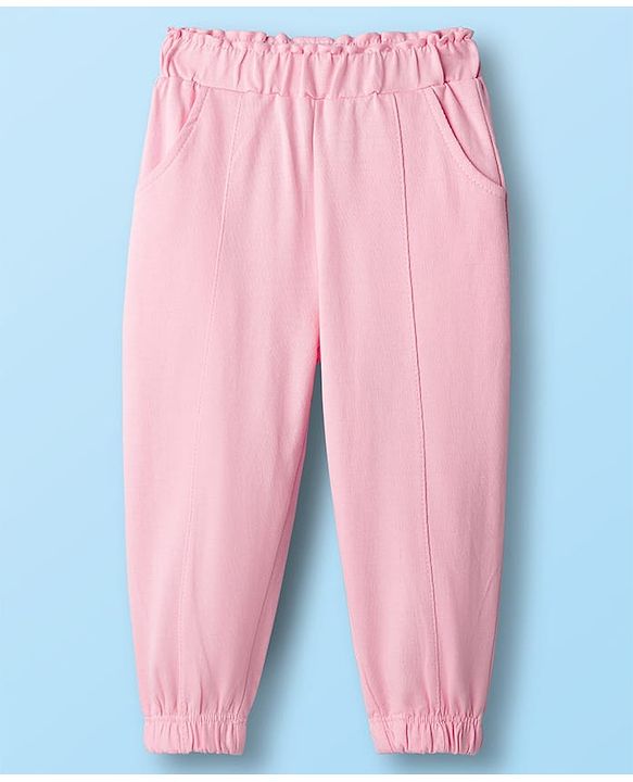 Babyhug Knit Schiffli Sleeveless Top and Terry Lounge Pant Set with Front Buttons & Frill Detailing - Pink & White