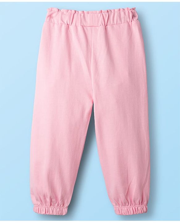 Babyhug Knit Schiffli Sleeveless Top and Terry Lounge Pant Set with Front Buttons & Frill Detailing - Pink & White