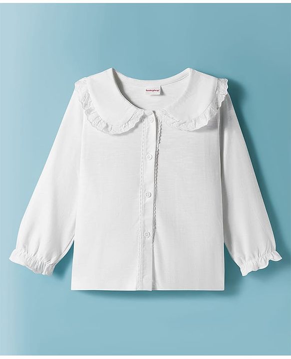Babyhug Single Jersey Knit Full Sleeves Front Open Peter Pan Collar Top and Skirt Set With Floral Print - White & Dark Pink