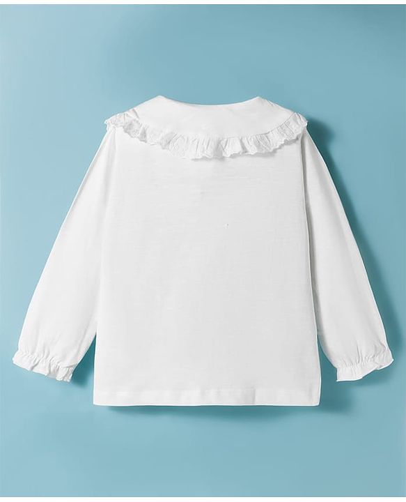 Babyhug Single Jersey Knit Full Sleeves Front Open Peter Pan Collar Top and Skirt Set With Floral Print - White & Dark Pink