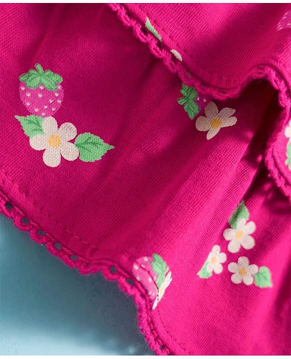 Babyhug Single Jersey Knit Full Sleeves Front Open Peter Pan Collar Top and Skirt Set With Floral Print - White & Dark Pink