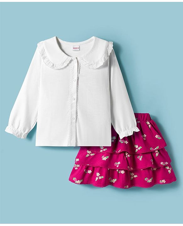 Babyhug Single Jersey Knit Full Sleeves Front Open Peter Pan Collar Top and Skirt Set With Floral Print - White & Dark Pink