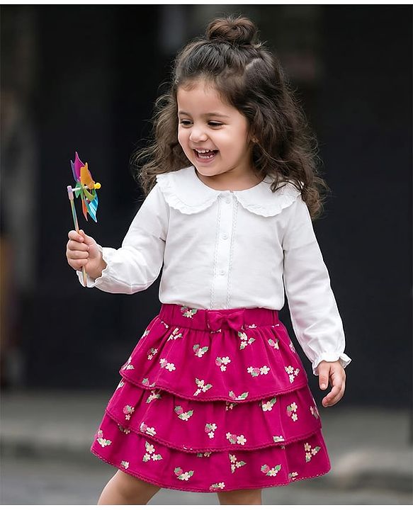 Babyhug Single Jersey Knit Full Sleeves Front Open Peter Pan Collar Top and Skirt Set With Floral Print - White & Dark Pink