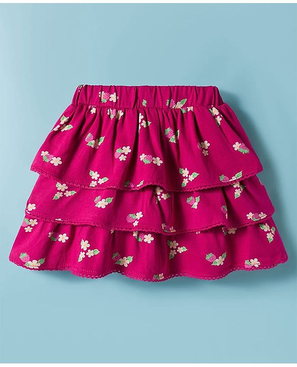 Babyhug Single Jersey Knit Full Sleeves Front Open Peter Pan Collar Top and Skirt Set With Floral Print - White & Dark Pink