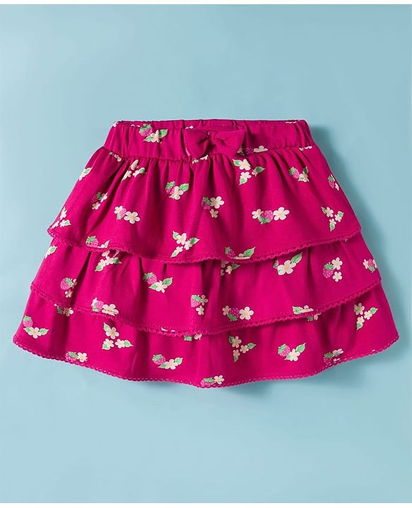 Babyhug Single Jersey Knit Full Sleeves Front Open Peter Pan Collar Top and Skirt Set With Floral Print - White & Dark Pink