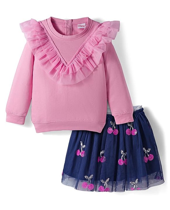 Babyhug Single Jersey Knit  Full Sleeves Top and Skirt With Frill Detailing & Sequin Cherry Design - Pink & Navy Blue