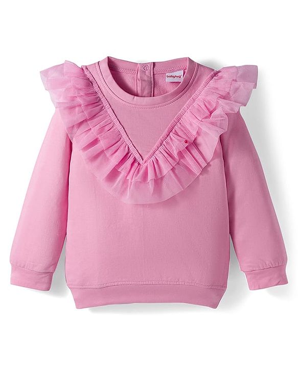 Babyhug Single Jersey Knit  Full Sleeves Top and Skirt With Frill Detailing & Sequin Cherry Design - Pink & Navy Blue