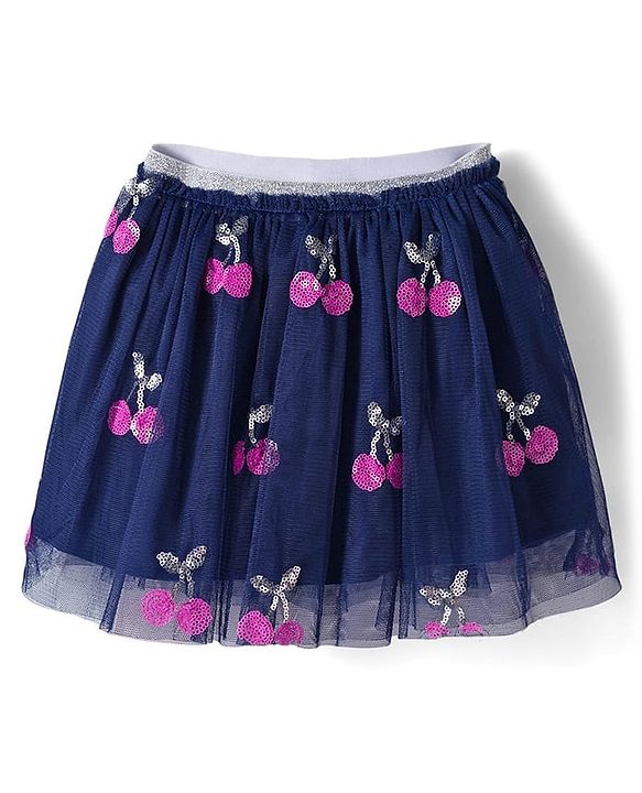 Babyhug Single Jersey Knit  Full Sleeves Top and Skirt With Frill Detailing & Sequin Cherry Design - Pink & Navy Blue