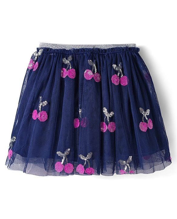 Babyhug Single Jersey Knit  Full Sleeves Top and Skirt With Frill Detailing & Sequin Cherry Design - Pink & Navy Blue