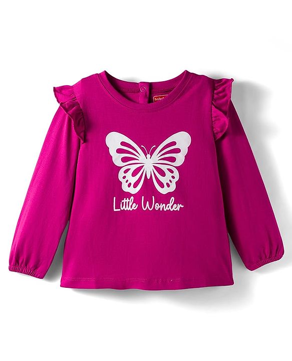 Babyhug 100% Cotton Knit Full Sleeves Top with Butterfly Print & Frill Detailing - Dark Pink